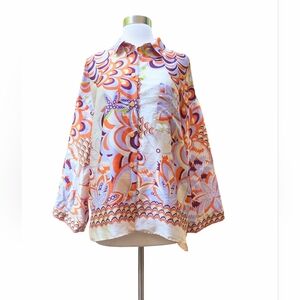 ZARA Top Button Down Satiny Ivory Orange Purple Loose Baggy Lightweight LARGE